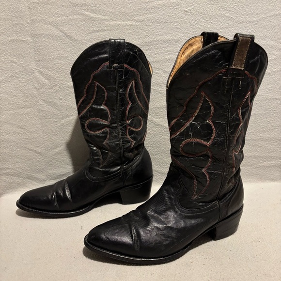 Vintage Black Leather Mens Western Cowboy Boots Genuine Leather Pointed Toe - Picture 3 of 13